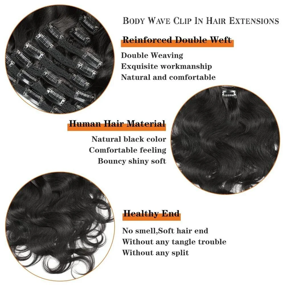 Body Wave Clip Ins Human Hair 12 Inch 8Pcs Virgin Brazilian Black Extensions